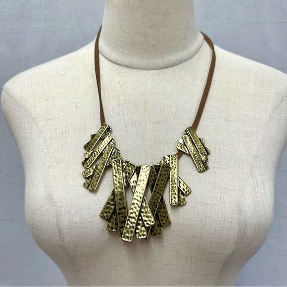 Marilyn Shiff hammered gold tone and leather statement bib adjustable necklace - Picture 1 of 16